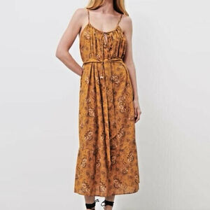 Zara Brownish/Orange Floral Midi Dress Tie Belt V-Neck Spaghetti Straps Women XS